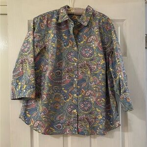 Sag Harbor Multicolor Paisley Button Front Collared Blouse Retro Vintage Style